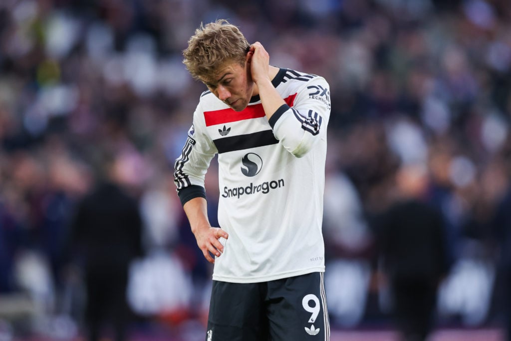 Manchester United's Rasmus Hojlund looks dejected during the Premier League match between West Ham United FC and Manchester United FC in London St...