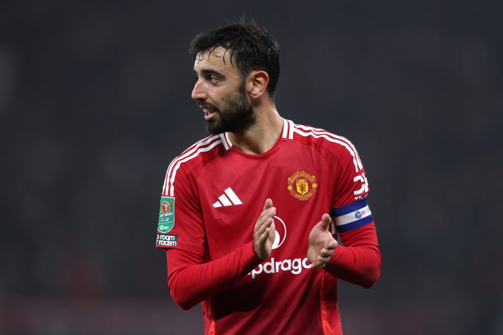 Bruno Fernandes of Manchester United looks on during the Carabao Cup Fourth Round match between Manchester United and Leicester City at Old Traffor...