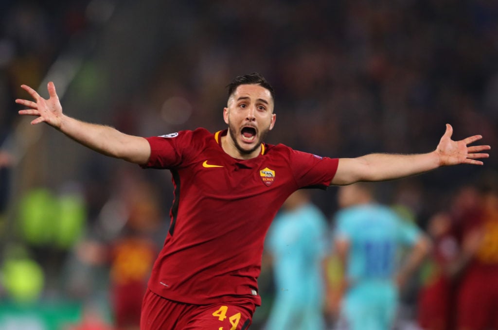 Kostas Manolas of AS Roma celebrates at the full time whistle during the UEFA Champions League Quarter Final Second Leg match between AS Roma and F...