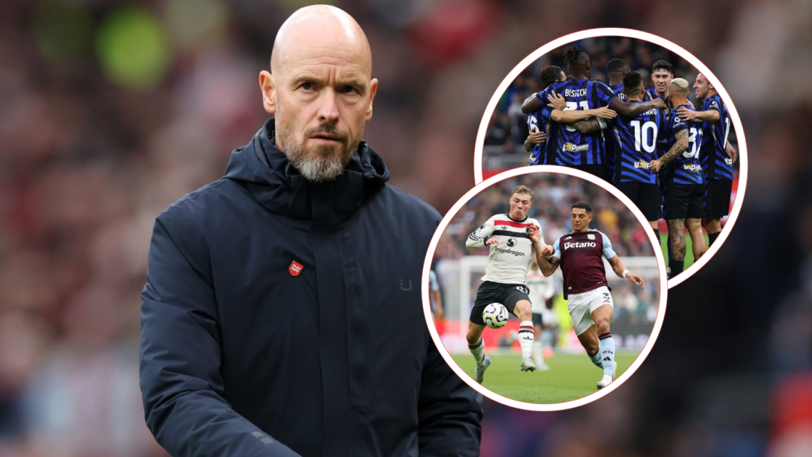 Erik ten Hag looking annoyed, wearing blue coat. Inset, Inter Milan players celebrate, inset Rasmus Hojlund and Aston Villa defender battle for ball
