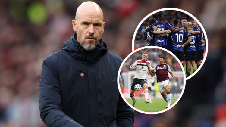 Erik ten Hag looking annoyed, wearing blue coat. Inset, Inter Milan players celebrate, inset Rasmus Hojlund and Aston Villa defender battle for ball