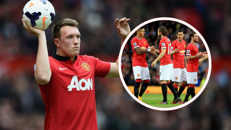 Phil Jones, Manchester United played in 2014, with smiling Angel di Maira