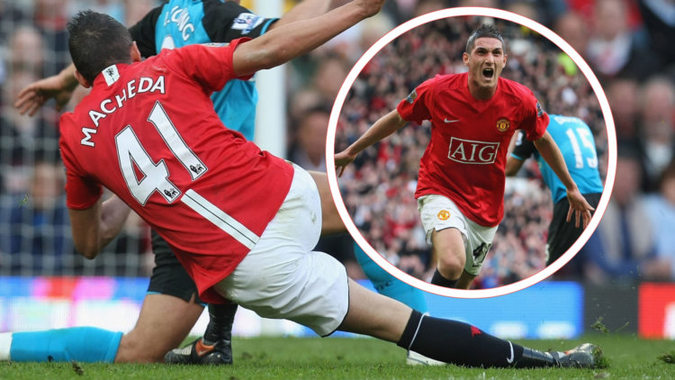 Federico Macheda scores for Man Utd vs Aston Villa, inset, Macheda celebrates