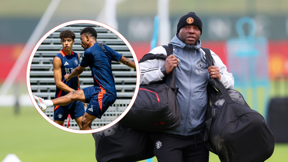 Benni McCarthy carries bags at Carrington. Inset Amad and Ethan Wheatley train in USA