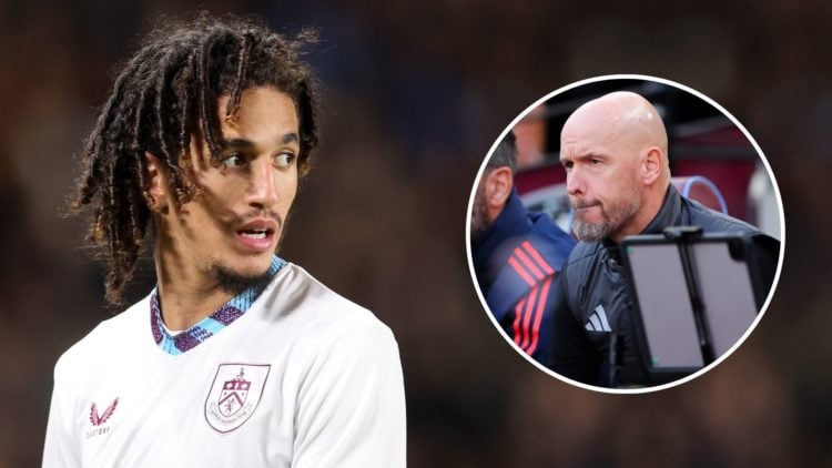 Hannibal Mejbri of Burnley looks on during the Sky Bet Championship match between Hull City AFC and Burnley FC at MKM Stadium. Inset, Erik ten Hag.
