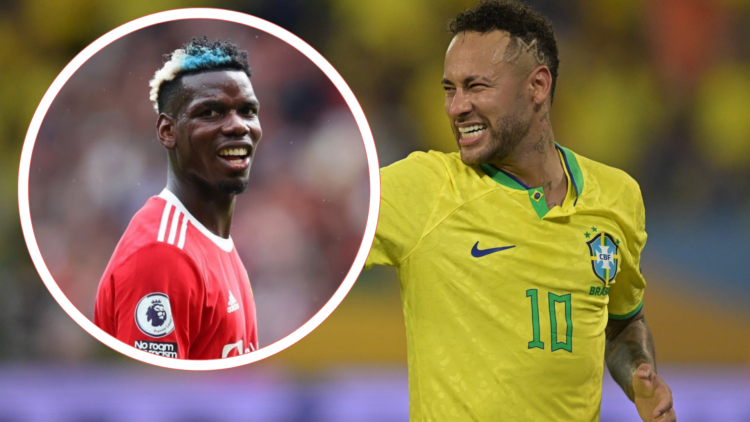 Neymar in Brazil shirt points and Paul Pogba in United shirt inset