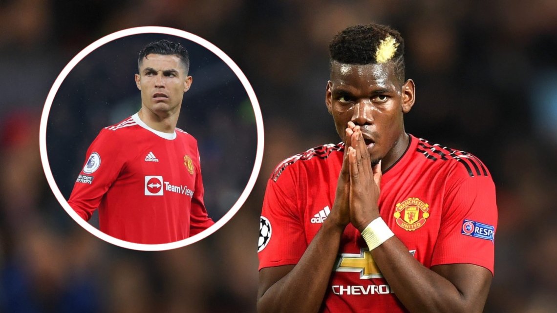 Paul Pogba clasps hands together towards his mouth, in Manchester United shirt. Inset, Cristiano Ronaldo looks agitated