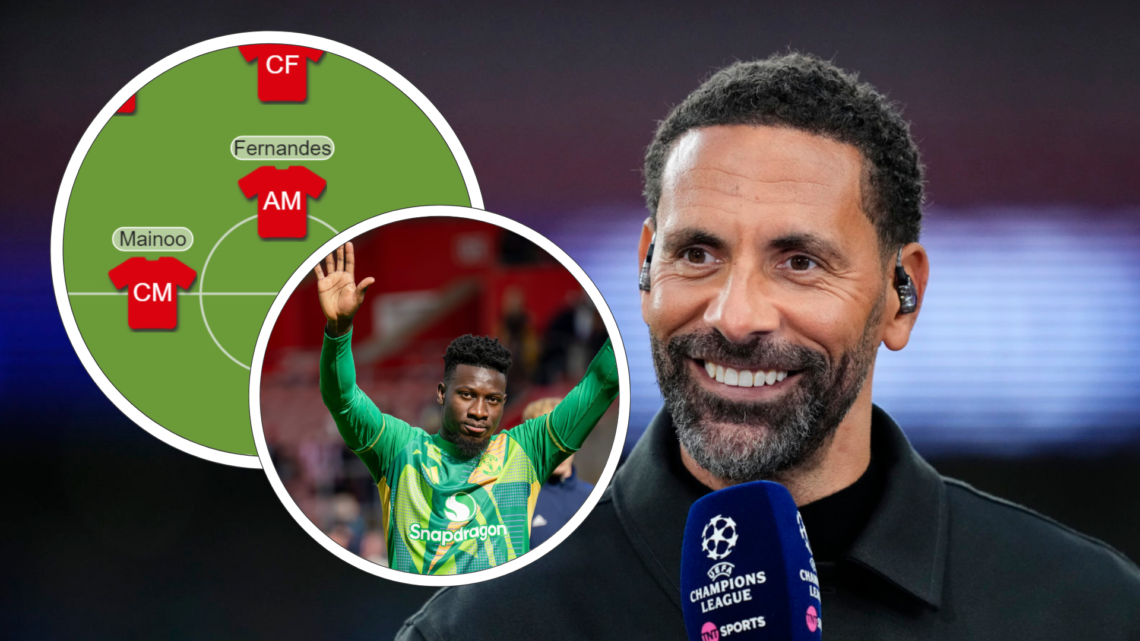 Rio Ferdinand smiles with microphone. Inset, Andre Onana with arms raised, and part of a teamsheet with Mainoo and Fernandes names visible