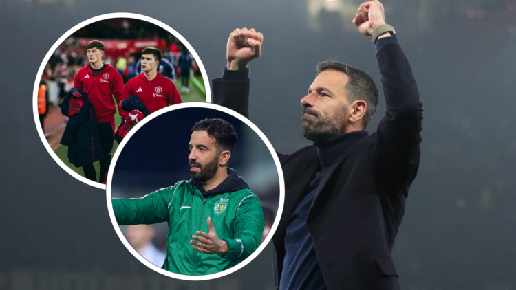 Ruud Van Nistelrooy celebrates Manchester United beating Leicester City 5-2. Inset front, Ruben Amorim gestures to his players. Inset back, Jayce F...