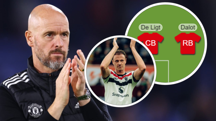 Erik ten Hag claps. Jonny Evans with white kit claps hands above his head. Inset, part of a line-up graphic
