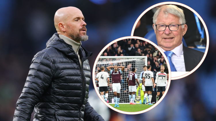 Erik ten Hag walks off. Sir Alex Ferguson in the stands. Aston Villa vs Man Utd match view, inset