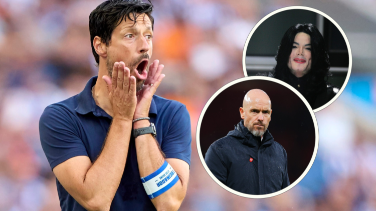 Porto boss Vitor Bruno puts his hands to his mouth. Inset, singer Michael Jackson, inset Erik ten Hag