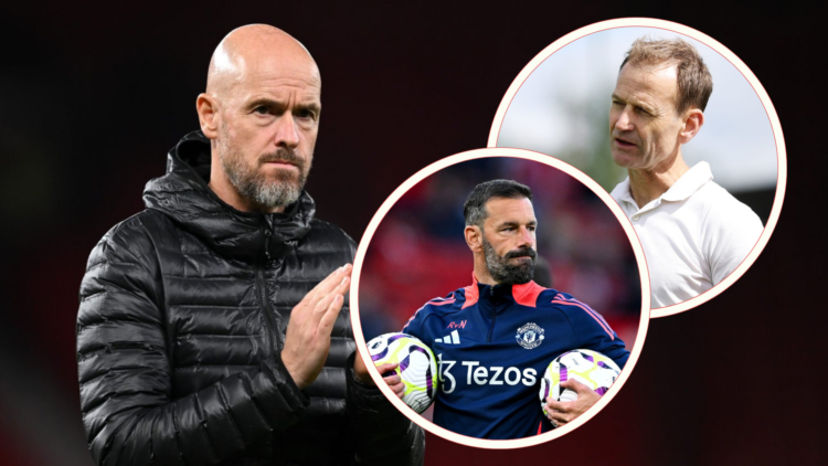 Erik ten Hag in black puffer jacket, grimacing. Inset, Ruud van Nistelrooy holds two footballs, Dan Ashworth looks on thoughtfully