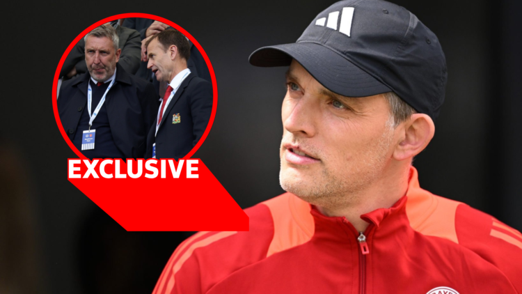 Thomas Tuchel wearing red tracksuit and blue cap. Inset, Dan Ashworth and Jason Wilcox in suits. Exclusive label