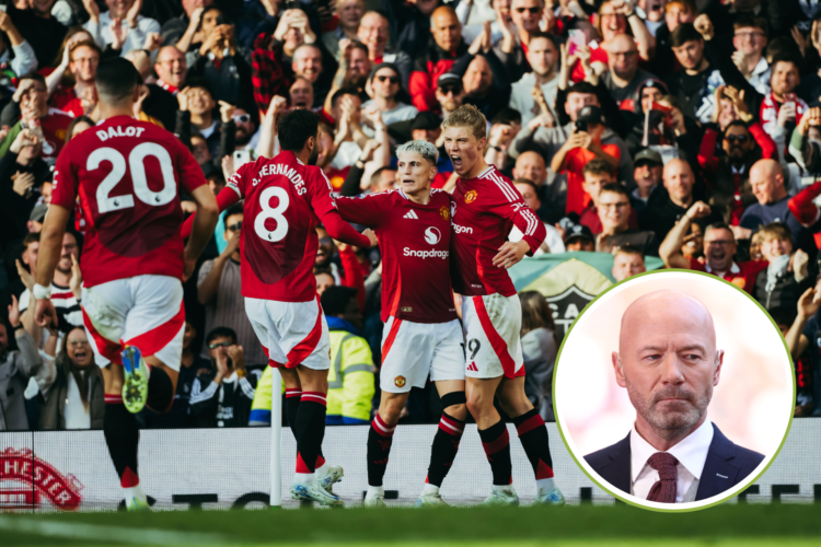 An image of Manchester United players celebrating with Alan Shearer looking on