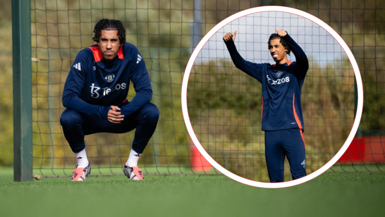 Leny Yoro crouches down in training. Inset, Yoro in training gives two thumbs up and smiles