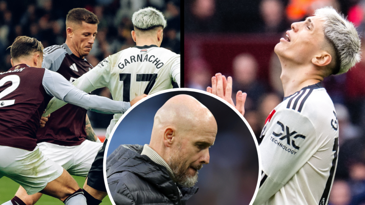 BIRMINGHAM, ENGLAND - OCTOBER 06: Alejandro Garnacho of Manchester United in action with Matty Cash and Ross Barkley of Aston Villa during the Prem...