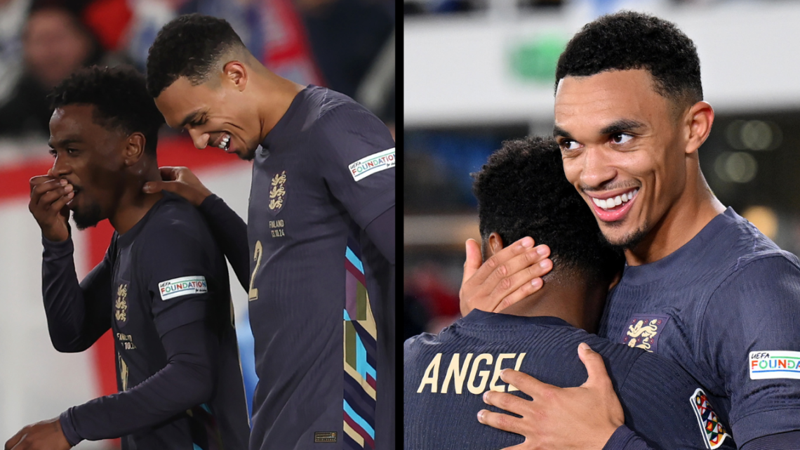 HELSINKI, FINLAND - OCTOBER 13: Trent Alexander-Arnold of England celebrates scoring his team's second goal with teammate Angel Gomes during the UE...
