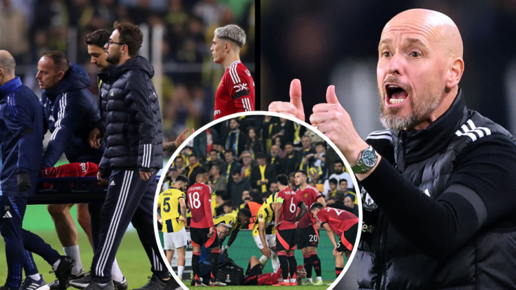 ISTANBUL, TURKEY - OCTOBER 24: Antony of Manchester United is carried off on a stretcher after picking up an injury during the UEFA Europa League 2...