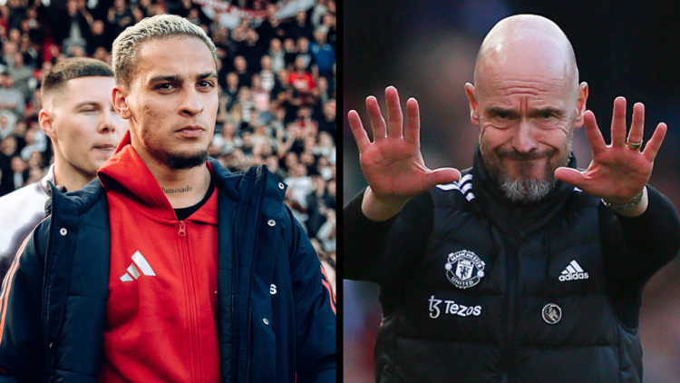 MANCHESTER, ENGLAND - OCTOBER 19: Antony of Manchester United walks out ahead of the Premier League match between Manchester United FC and Brentfor...