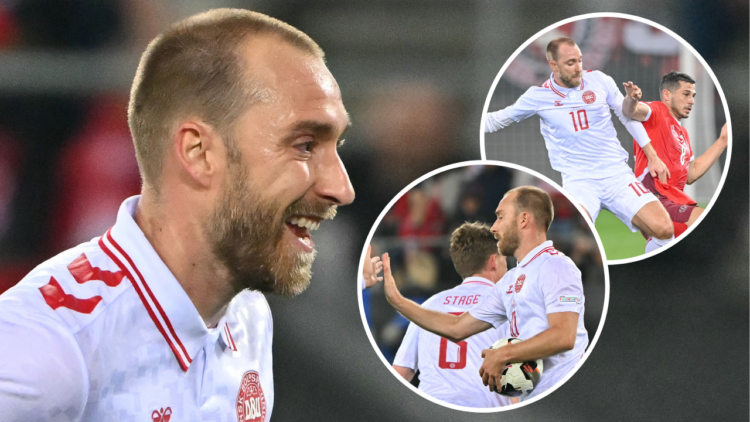 Denmark's midfielder #10 Christian Eriksen reacts after scoring Denmark's second goal during the UEFA Nations League, League A, Group A4 football m...
