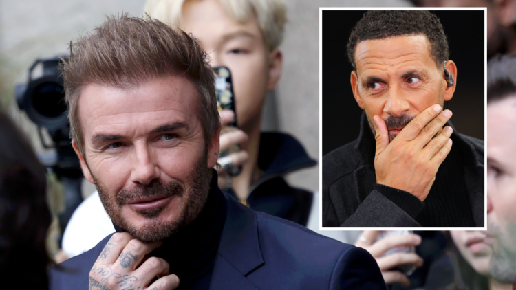MILAN, ITALY - SEPTEMBER 18: David Beckham arrives at the Boss fashion show during the Milan Womenswear Spring/Summer, including an overlay image o...