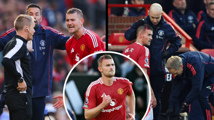 MANCHESTER, ENGLAND - OCTOBER 19: Matthijs de Ligt of Manchester United argues with the fourth official after Ethan Pinnock of Brentford scores his...