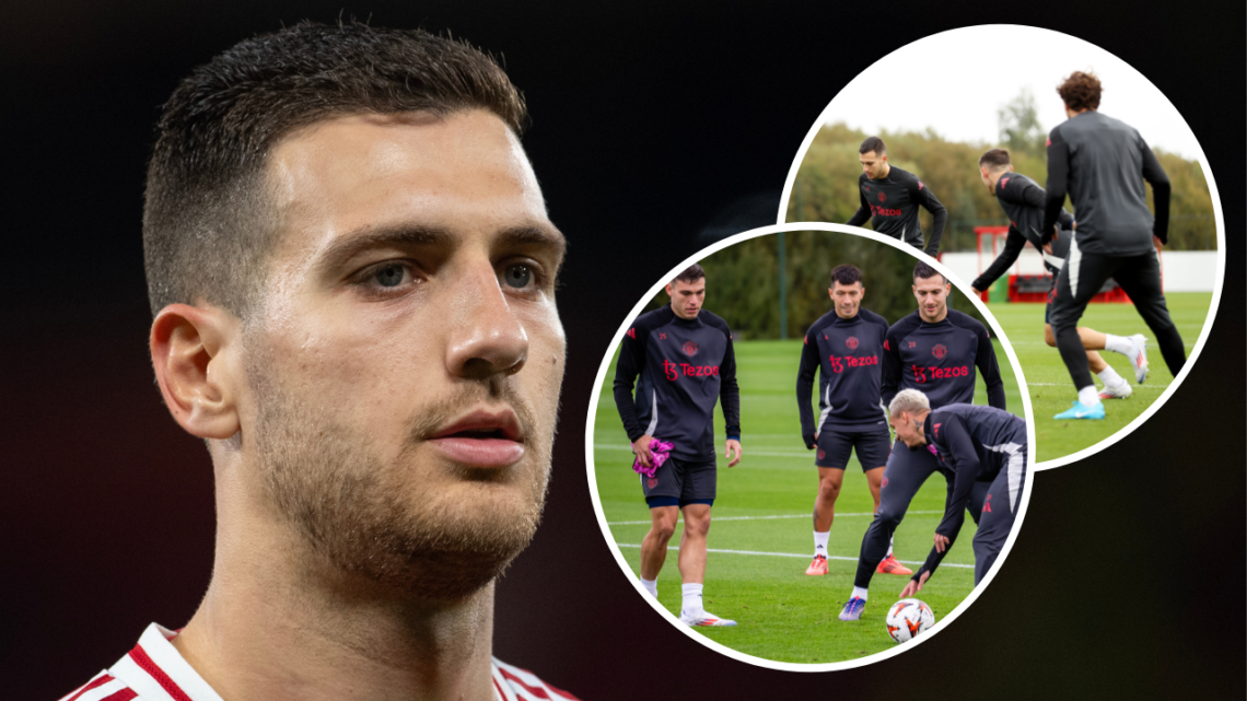MANCHESTER, ENGLAND - SEPTEMBER 25: Diogo Dalot of Manchester United looks on during the UEFA Europa League 2024/25 League Phase MD1 match between ...
