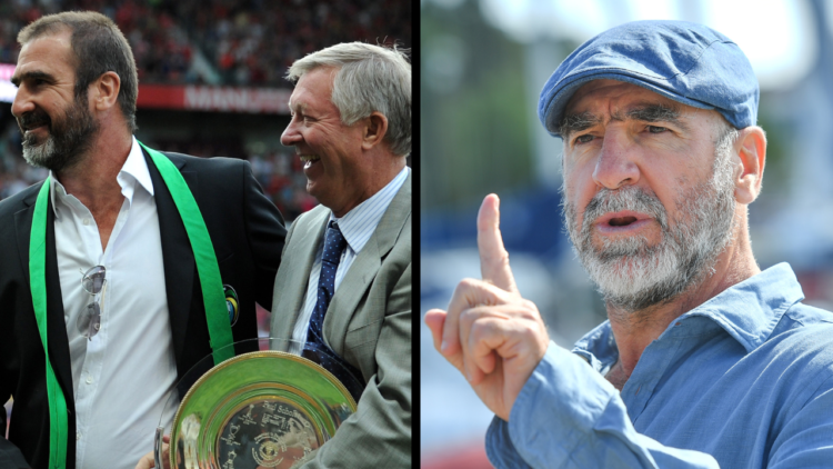 MANCHESTER, ENGLAND - AUGUST 05: New York Cosmos Manager Eric Cantona and Manchester United Manager Sir Alex Ferguson (R) share a joke prior to Pau...
