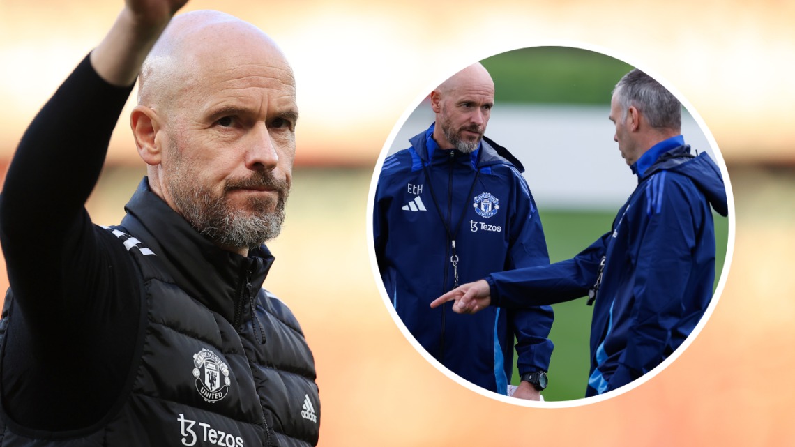 MANCHESTER, ENGLAND - OCTOBER 19: Manchester United manager Erik ten Hag celebrates after the Premier League match between Manchester United FC and...
