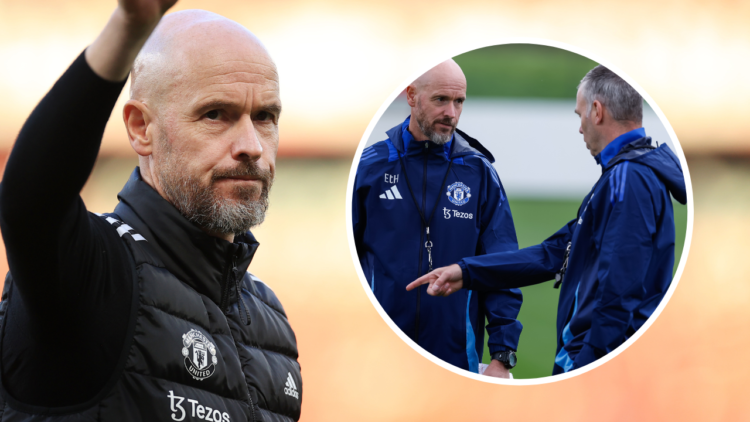 MANCHESTER, ENGLAND - OCTOBER 19: Manchester United manager Erik ten Hag celebrates after the Premier League match between Manchester United FC and...