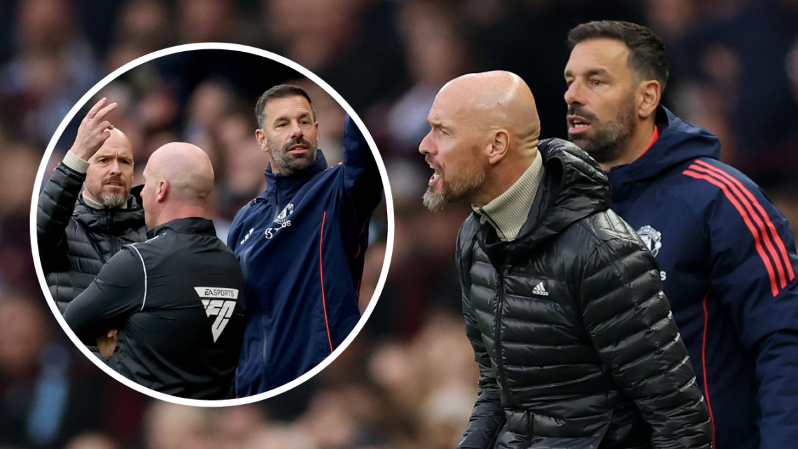 BIRMINGHAM, ENGLAND - OCTOBER 06: Manchester United manager Erik ten Hag and assistant manager Ruud van Nistelrooy during the Premier League match ...