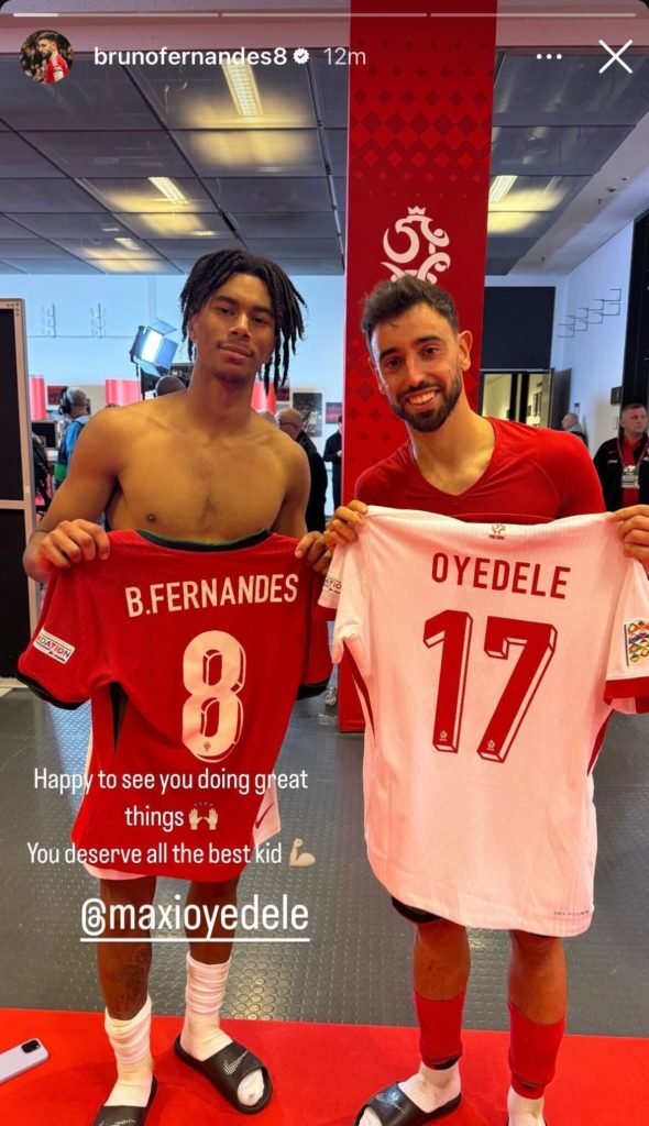 Bruno Fernandes takes a picture with Maxi Oyedele after Portugal 3-1 Poland. Credit: Instagram