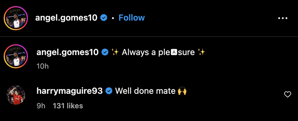 Harry Maguire’s message to Angel Gomes after the former Manchester United player’s performance for England. Credit: Instagram