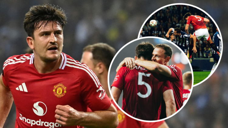 Manchester United's English defender #05 Harry Maguire celebrates scoring his team's third goal during the UEFA Europa League 1st round day 2 betwe...