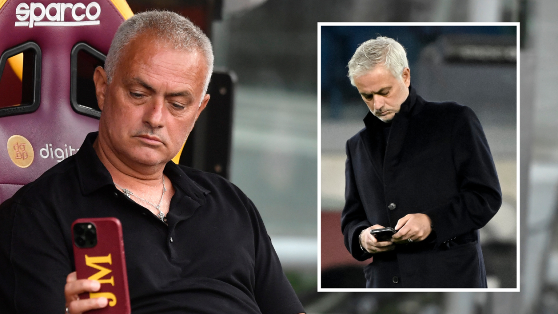 OLIMPICO STADIUM, ROME, ITALY - 2022/08/07: Jose Mourinho coach of AS Roma takes pictures with his mobile phone prior to the pre-season friendly fo...