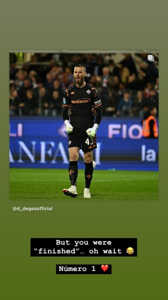 Juan Mata’s message to former Manchester United and Spain teammate David de Gea after Fiorentina’s 2-1 win against AC Milan. Credit: Instagram