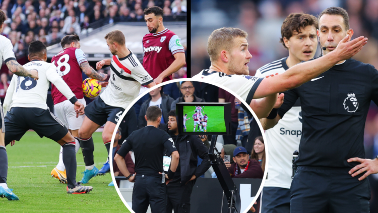 LONDON, ENGLAND - OCTOBER 27: Matthijs de Ligt of Manchester United argues with referee David Coote after a penalty is awarded following a VAR chec...