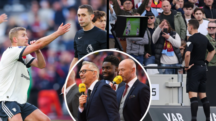 LONDON, ENGLAND - OCTOBER 27: Matthijs de Ligt of Manchester United argues with referee David Coote after a penalty is awarded following a VAR chec...