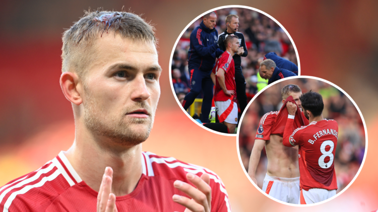 MANCHESTER, ENGLAND - OCTOBER 19: Matthijs de Ligt of Manchester United looks on after the Premier League match between Manchester United FC and Br...
