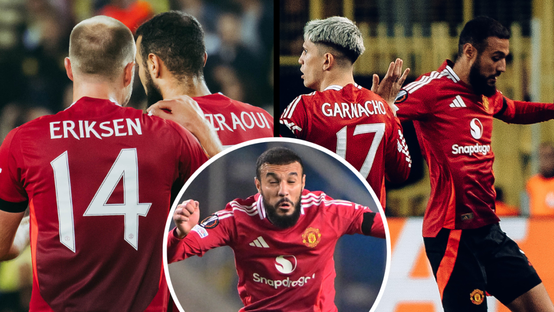 ISTANBUL, TURKEY - OCTOBER 24: Christian Eriksen of Manchester United celebrates scoring his sides first goal with team mates during the UEFA Europ...