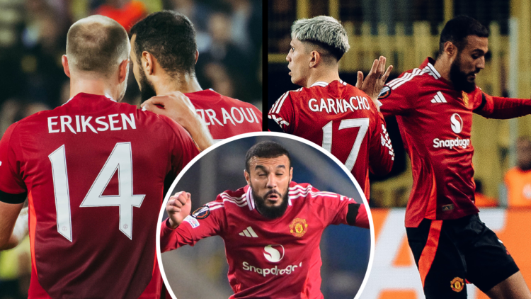 ISTANBUL, TURKEY - OCTOBER 24: Christian Eriksen of Manchester United celebrates scoring his sides first goal with team mates during the UEFA Europ...