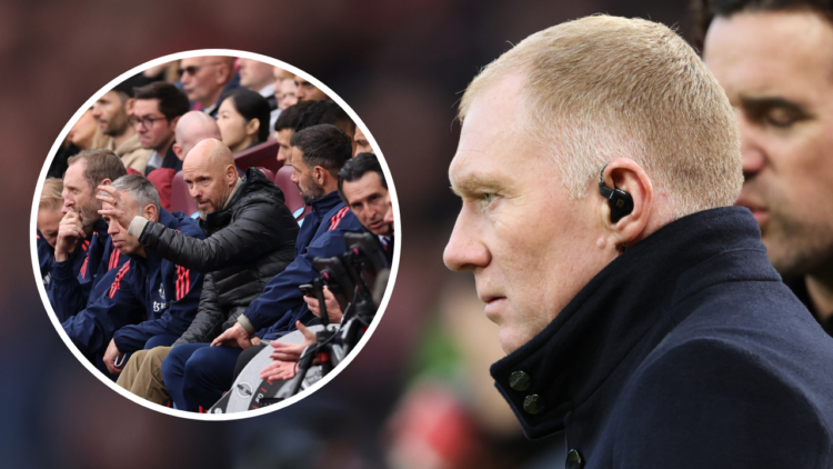 MANCHESTER, ENGLAND - APRIL 13: Paul Scholes and Owen Hargreaves working for BT Sport during the UEFA Europa League quarterfinal first leg match be...