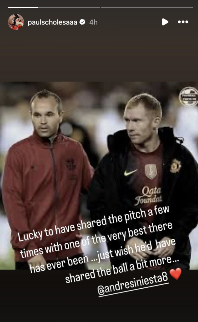 Manchester United legend Paul Scholes posted a message to Barcelona icon Andres Iniesta. Credit: Instagram