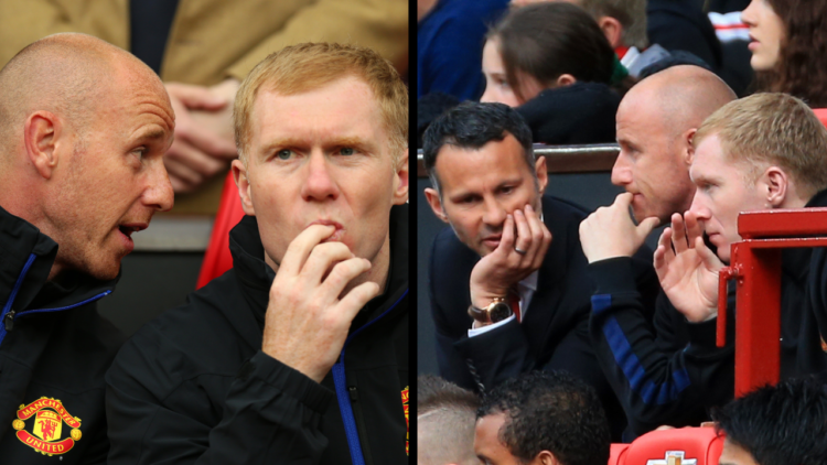Nicky Butt and Paul Scholes of Manchester United (Photo by Matthew Ashton/AMA/AMA/Corbis via Getty Images), including a side-by-side image of the t...