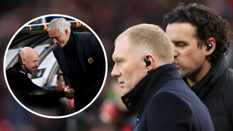 MANCHESTER, ENGLAND - APRIL 13: Paul Scholes and Owen Hargreaves working for BT Sport during the UEFA Europa League quarterfinal first leg match be...