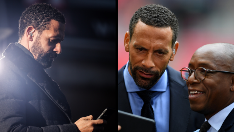 vWOLVERHAMPTON, ENGLAND - JANUARY 16: Rio Ferdinand reporting for BT Sport looks on his mobile phone ahead of the Premier League match between Wolv...