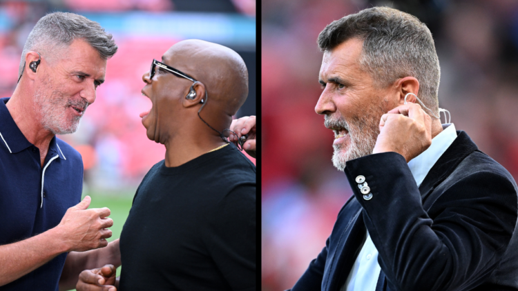 MANCHESTER, ENGLAND - AUGUST 16: Former Footballer and Manager Roy Keane looks on as he presents on Sky Sports prior to the Premier League match be...