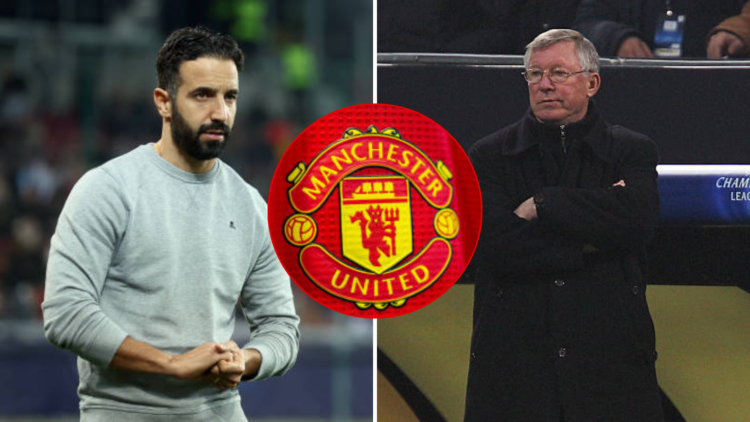 An image of Ruben Amorim and Sir Alex Ferguson alongside the Manchester United badge