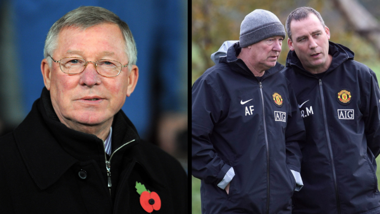 MANCHESTER, ENGLAND - OCTOBER 23: Sir Alex Ferguson and Rene Meulensteen of Manchester United talk during a First Team Training Session at Carringt...